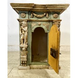 ANTICO TABERNACOLO LIGNEO SCOLPITO LACCATO VERDE CHERUBINI DORATI BAROCCO XVII