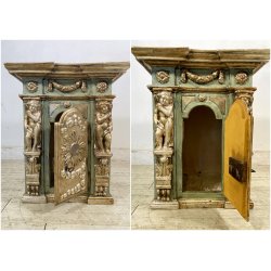 ANTICO TABERNACOLO LIGNEO SCOLPITO LACCATO VERDE CHERUBINI DORATI BAROCCO XVII