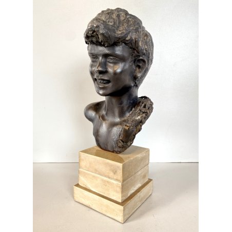 SCULTURA BRONZO FIRMATA De Martino PASTORELLO SCUGNIZZO RAGAZZO BASE MARMO 32 cm