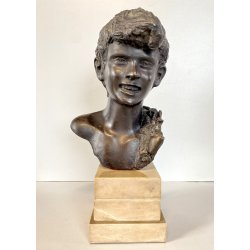 SCULTURA BRONZO FIRMATA De Martino PASTORELLO SCUGNIZZO RAGAZZO BASE MARMO 32 cm