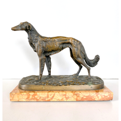 ANTICA SCULTURA BRONZO LEVRIERO BORZOI FIGURA ANIMALE CANE 17cm/h BASE MARMO XX