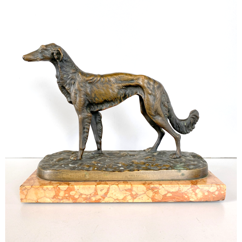 ANTICA SCULTURA BRONZO LEVRIERO BORZOI FIGURA ANIMALE CANE 17cm/h BASE MARMO XX