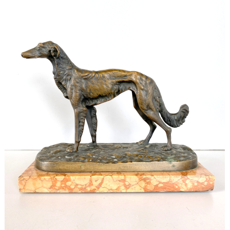 ANTICA SCULTURA BRONZO LEVRIERO BORZOI FIGURA ANIMALE CANE 17cm/h BASE MARMO XX