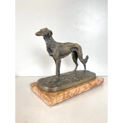 ANTICA SCULTURA BRONZO LEVRIERO BORZOI FIGURA ANIMALE CANE 17cm/h BASE MARMO XX