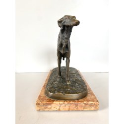 ANTICA SCULTURA BRONZO LEVRIERO BORZOI FIGURA ANIMALE CANE 17cm/h BASE MARMO XX