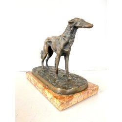ANTICA SCULTURA BRONZO LEVRIERO BORZOI FIGURA ANIMALE CANE 17cm/h BASE MARMO XX