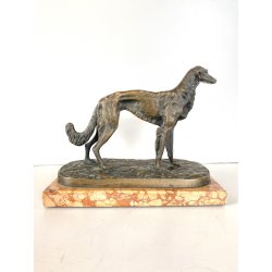 ANTICA SCULTURA BRONZO LEVRIERO BORZOI FIGURA ANIMALE CANE 17cm/h BASE MARMO XX