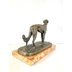 ANTICA SCULTURA BRONZO LEVRIERO BORZOI FIGURA ANIMALE CANE 17cm/h BASE MARMO XX
