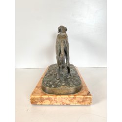 ANTICA SCULTURA BRONZO LEVRIERO BORZOI FIGURA ANIMALE CANE 17cm/h BASE MARMO XX