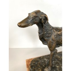 ANTICA SCULTURA BRONZO LEVRIERO BORZOI FIGURA ANIMALE CANE 17cm/h BASE MARMO XX
