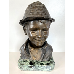 SCULTURA BRONZO BUSTO SCUGNIZZO NAPOLETANO De Martino FIRMATO BASE MARMO 38 cm/h