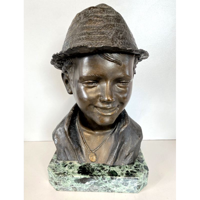 SCULTURA BRONZO BUSTO SCUGNIZZO NAPOLETANO De Martino FIRMATO BASE MARMO 38 cm/h