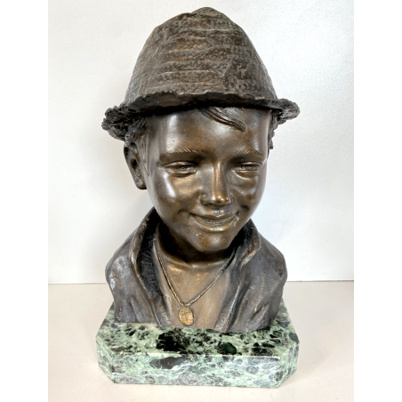 SCULTURA BRONZO BUSTO SCUGNIZZO NAPOLETANO De Martino FIRMATO BASE MARMO 38 cm/h
