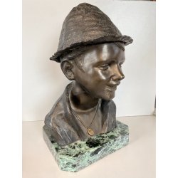 SCULTURA BRONZO BUSTO SCUGNIZZO NAPOLETANO De Martino FIRMATO BASE MARMO 38 cm/h