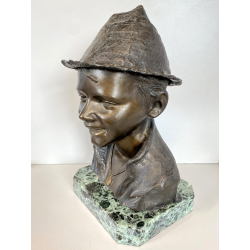 SCULTURA BRONZO BUSTO SCUGNIZZO NAPOLETANO De Martino FIRMATO BASE MARMO 38 cm/h