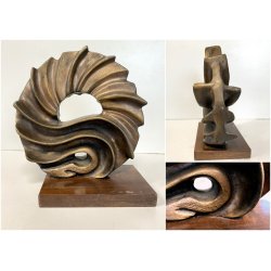 SCULTURA ASTRATTA BRONZO Volpi Laura FORMA ORGANICA SPIRALE BASE LEGNO 21 cm/h