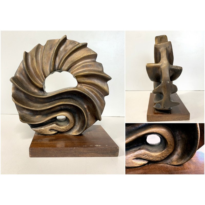 SCULTURA ASTRATTA BRONZO Volpi Laura FORMA ORGANICA SPIRALE BASE LEGNO 21 cm/h