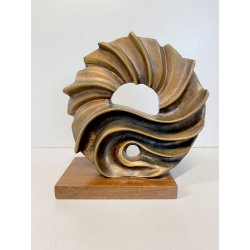 SCULTURA ASTRATTA BRONZO Volpi Laura FORMA ORGANICA SPIRALE BASE LEGNO 21 cm/h