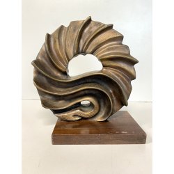 SCULTURA ASTRATTA BRONZO Volpi Laura FORMA ORGANICA SPIRALE BASE LEGNO 21 cm/h