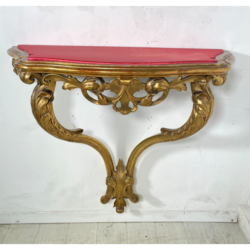 ANTICA CONSOLLE BAROCCA EPOCA 800 LEGNO SCOLPITO FOGLIA ORO STOFFA ROSSA ENTRATA