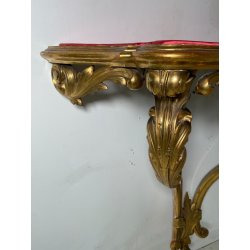 ANTICA CONSOLLE BAROCCA EPOCA 800 LEGNO SCOLPITO FOGLIA ORO STOFFA ROSSA ENTRATA