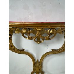 ANTICA CONSOLLE BAROCCA EPOCA 800 LEGNO SCOLPITO FOGLIA ORO STOFFA ROSSA ENTRATA