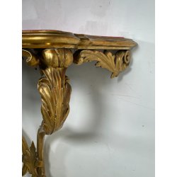ANTICA CONSOLLE BAROCCA EPOCA 800 LEGNO SCOLPITO FOGLIA ORO STOFFA ROSSA ENTRATA