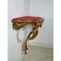 ANTICA CONSOLLE BAROCCA EPOCA 800 LEGNO SCOLPITO FOGLIA ORO STOFFA ROSSA ENTRATA