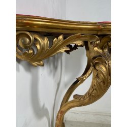 ANTICA CONSOLLE BAROCCA EPOCA 800 LEGNO SCOLPITO FOGLIA ORO STOFFA ROSSA ENTRATA