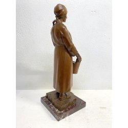 ANTICA SCULTURA LEGNO Aurelio Bossi FIGURA DONNA PORTATRICE D'ACQUA PRIMO '900