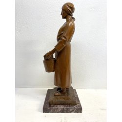 ANTICA SCULTURA LEGNO Aurelio Bossi FIGURA DONNA PORTATRICE D'ACQUA PRIMO '900