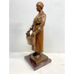 ANTICA SCULTURA LEGNO Aurelio Bossi FIGURA DONNA PORTATRICE D'ACQUA PRIMO '900