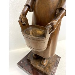 ANTICA SCULTURA LEGNO Aurelio Bossi FIGURA DONNA PORTATRICE D'ACQUA PRIMO '900