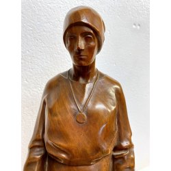 ANTICA SCULTURA LEGNO Aurelio Bossi FIGURA DONNA PORTATRICE D'ACQUA PRIMO '900