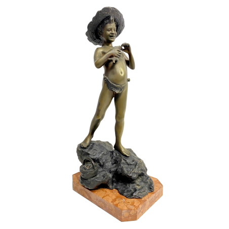SCULTURA BRONZO FIRMATA V. Cinque "PESCATORELLO" SCUGNIZZO BASE MARMO 48,5 cm/h
