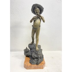 SCULTURA BRONZO FIRMATA V. Cinque "PESCATORELLO" SCUGNIZZO BASE MARMO 48,5 cm/h