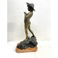 SCULTURA BRONZO FIRMATA V. Cinque "PESCATORELLO" SCUGNIZZO BASE MARMO 48,5 cm/h