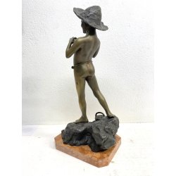 SCULTURA BRONZO FIRMATA V. Cinque "PESCATORELLO" SCUGNIZZO BASE MARMO 48,5 cm/h