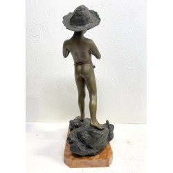 SCULTURA BRONZO FIRMATA V. Cinque "PESCATORELLO" SCUGNIZZO BASE MARMO 48,5 cm/h