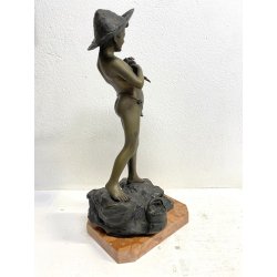 SCULTURA BRONZO FIRMATA V. Cinque "PESCATORELLO" SCUGNIZZO BASE MARMO 48,5 cm/h