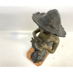 SCULTURA BRONZO FIRMATA V. Cinque "PESCATORELLO" SCUGNIZZO BASE MARMO 48,5 cm/h