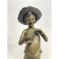 SCULTURA BRONZO FIRMATA V. Cinque "PESCATORELLO" SCUGNIZZO BASE MARMO 48,5 cm/h