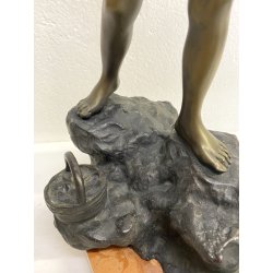 SCULTURA BRONZO FIRMATA V. Cinque "PESCATORELLO" SCUGNIZZO BASE MARMO 48,5 cm/h