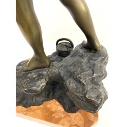 SCULTURA BRONZO FIRMATA V. Cinque "PESCATORELLO" SCUGNIZZO BASE MARMO 48,5 cm/h