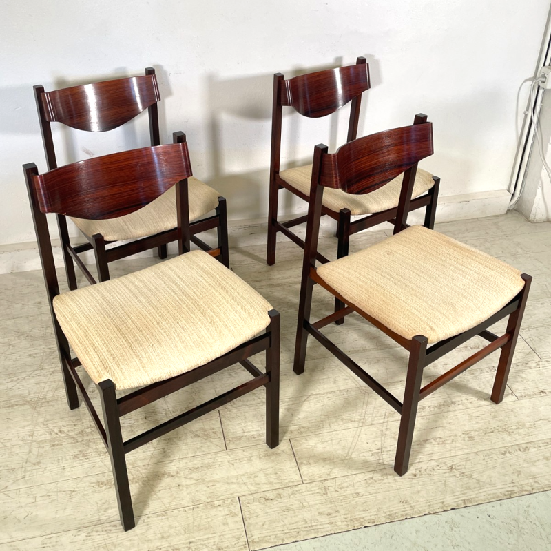 LOTTO 4 SEDIE VINTAGE 1960 ITALY LEGNO PALISSANDRO CURVATO SEDUTA STOFFA BEIGE