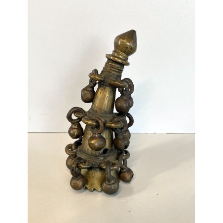 antico ORNAMENTO in BRONZO per CORNA di BESTIAME decorativo CAMPANELLI INDIANO