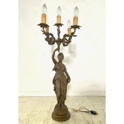 ANTICA LAMPADA BRONZO LIBERTY CANDELABRO 5 LUCI STATUA DIANA CACCIATRICE 82 cm/h