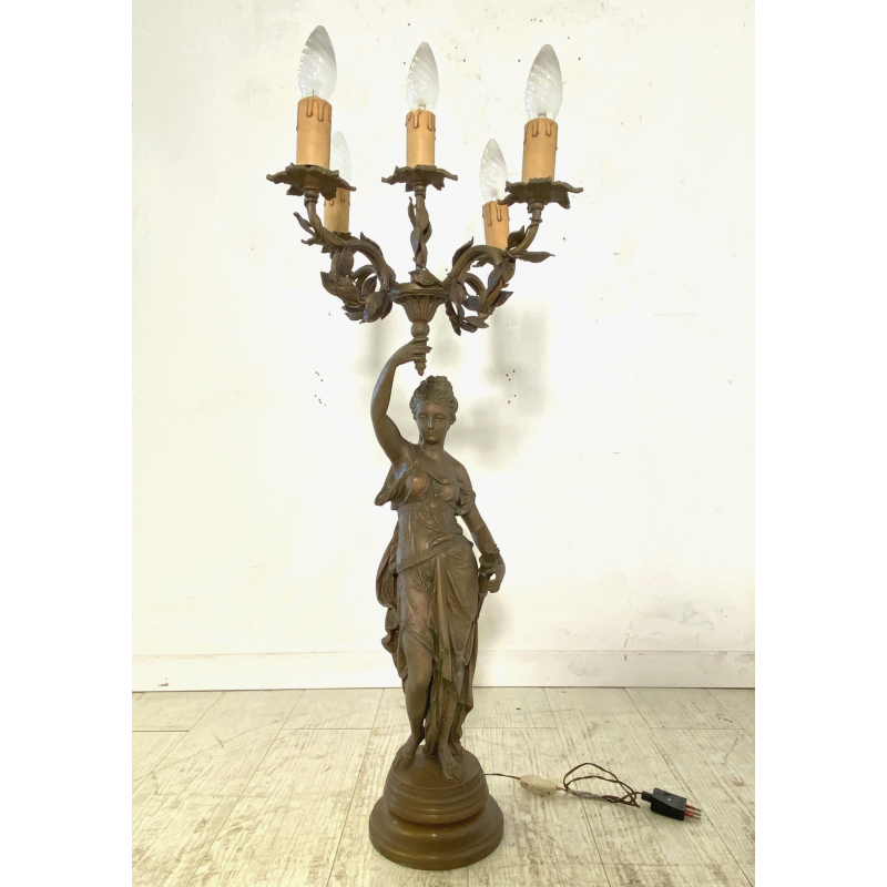 ANTICA LAMPADA BRONZO LIBERTY CANDELABRO 5 LUCI STATUA DIANA CACCIATRICE 82 cm/h