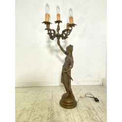ANTICA LAMPADA BRONZO LIBERTY CANDELABRO 5 LUCI STATUA DIANA CACCIATRICE 82 cm/h