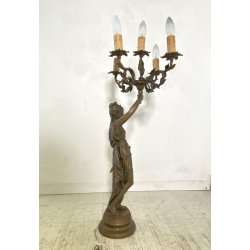 ANTICA LAMPADA BRONZO LIBERTY CANDELABRO 5 LUCI STATUA DIANA CACCIATRICE 82 cm/h